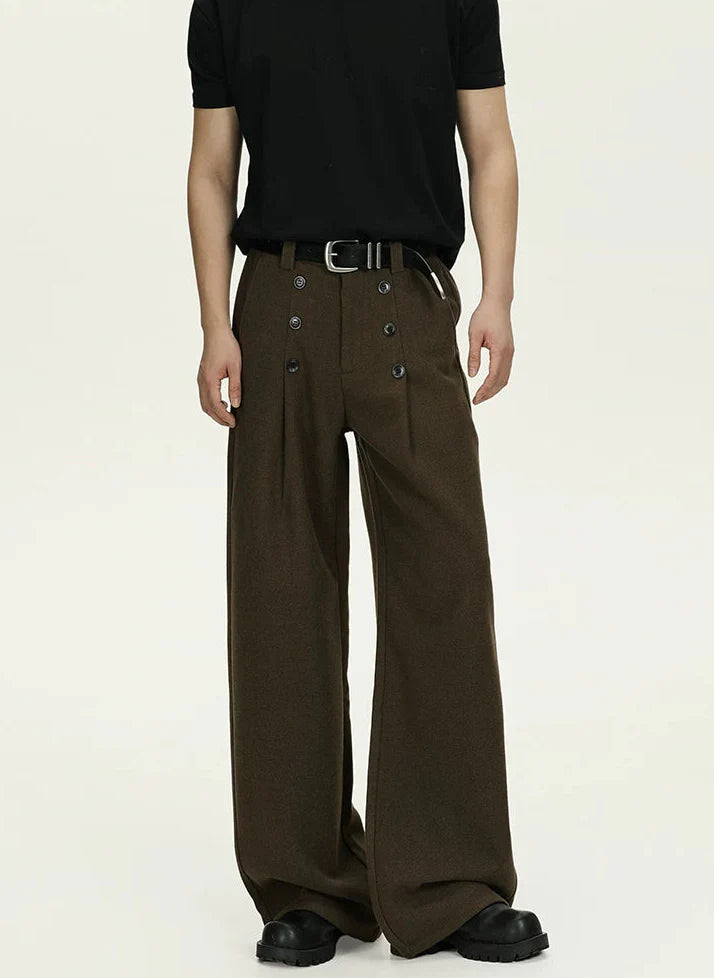 High-Waisted Pleated Wide Leg Trousers with Button Details