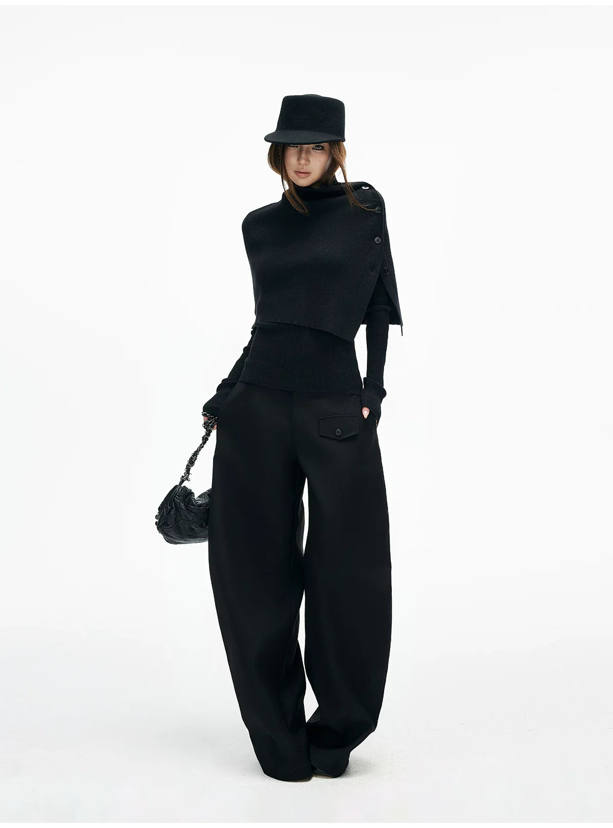Slim Knit Long Sleeve Top with Removable Button Cape