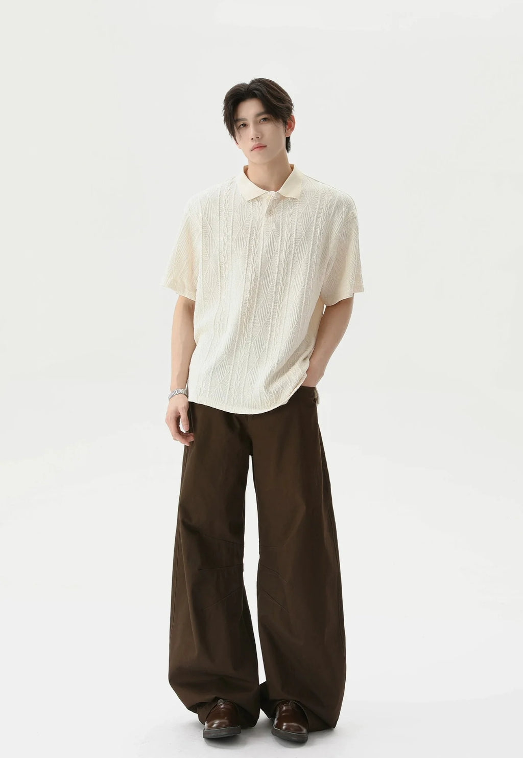 Textured Cable Knit Short Sleeve Polo Shirt