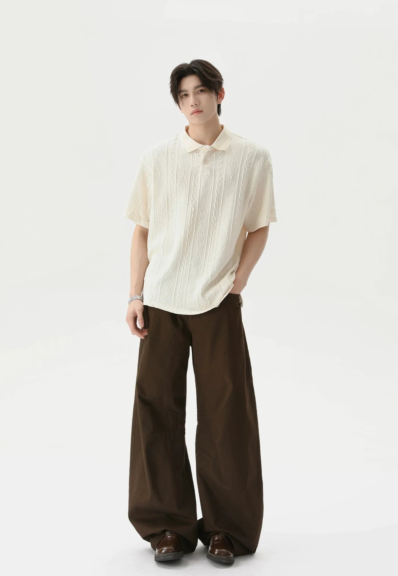 Textured Cable Knit Short Sleeve Polo Shirt
