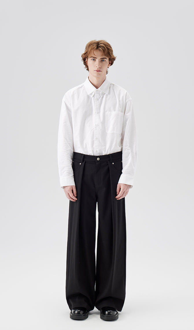 Wide Leg Pleated Trousers with Button Details