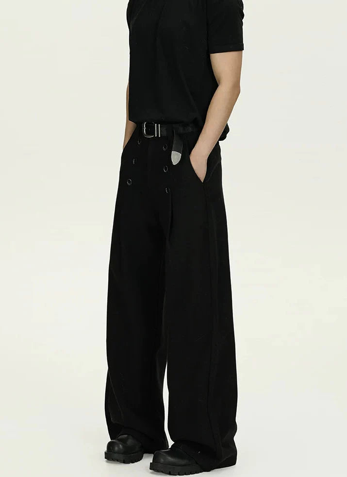 High-Waisted Pleated Wide Leg Trousers with Button Details