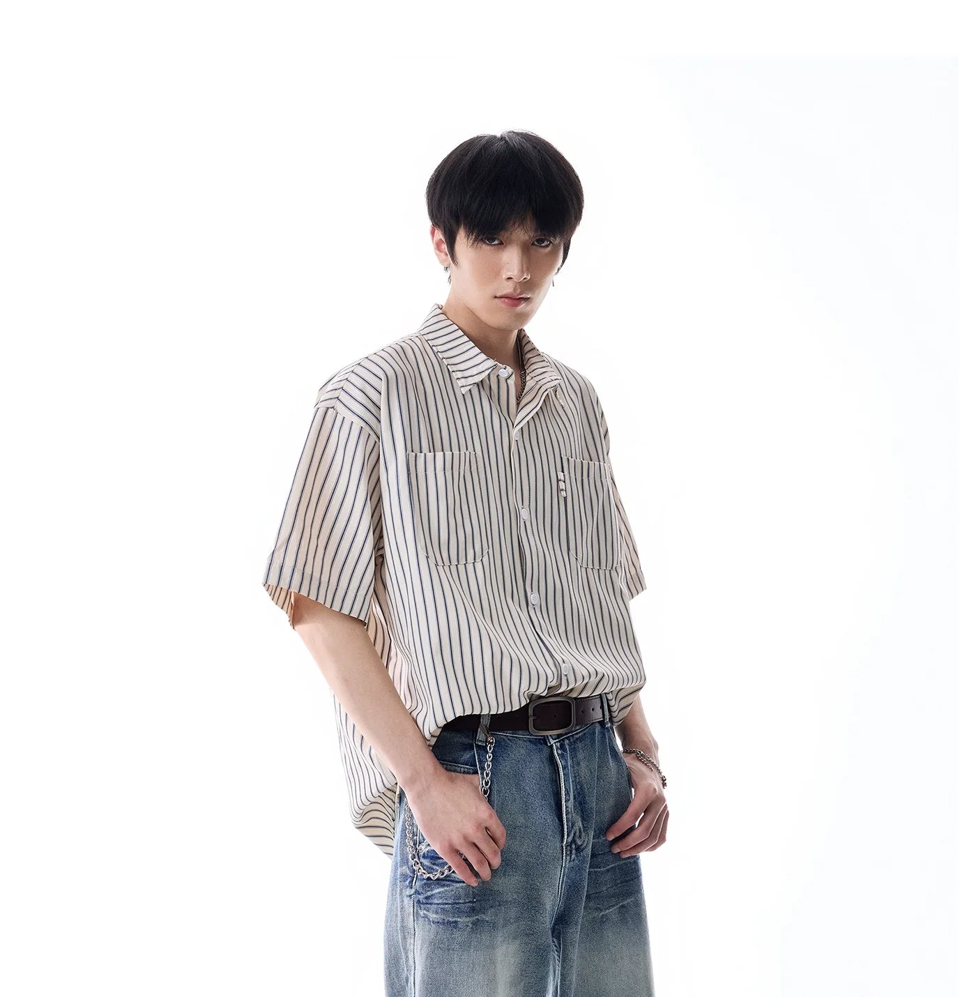 Oversized Stripe Short Sleeve Button Shirt with Chest Pockets