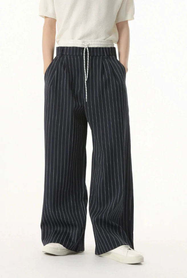 Mock Two-Piece Pinstripe Wide Leg Trousers with Elastic Waist