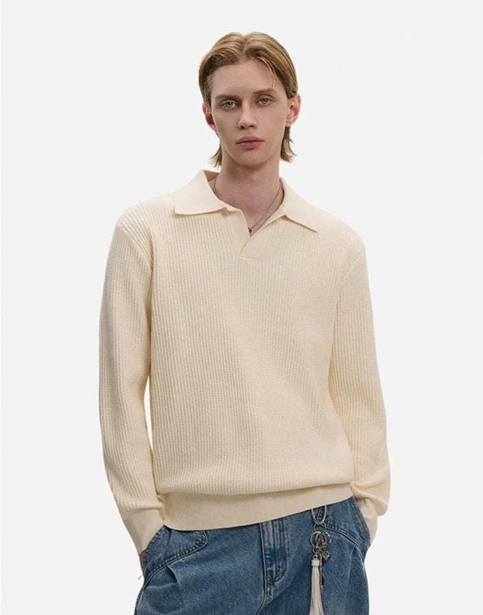 Waffle Textured Long Sleeve Polo Shirt