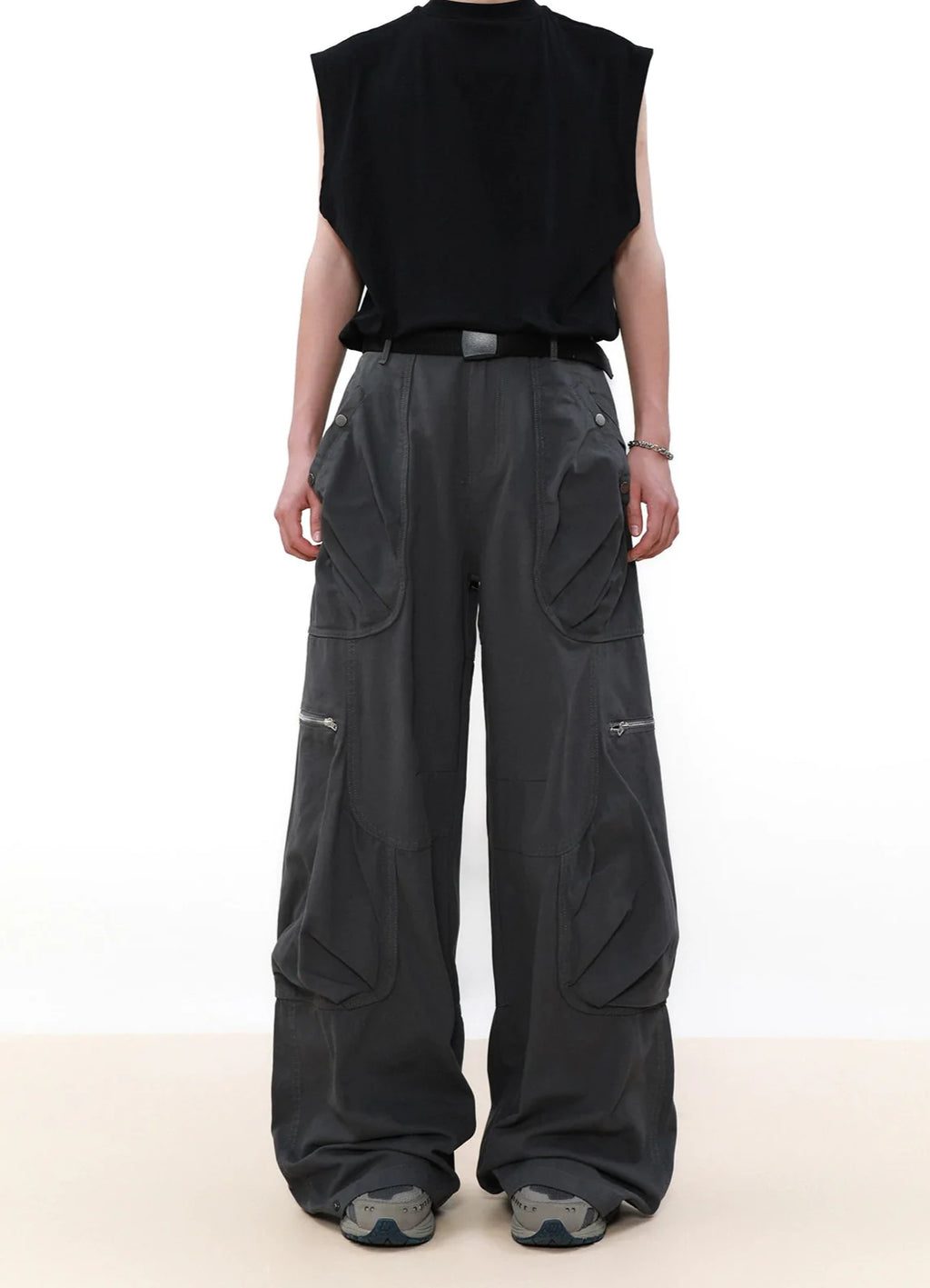 Wide Leg Cargo Pants with Oversized Pleated Pockets