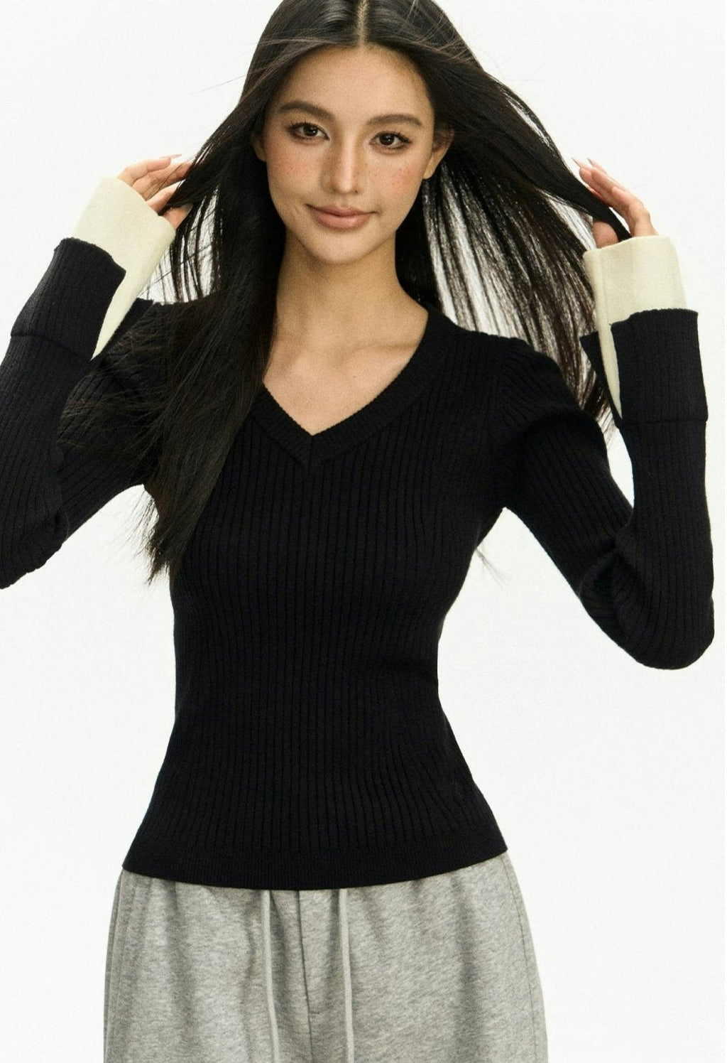 Ribbed V-Neck Two Tone Long Sleeve Knit Top