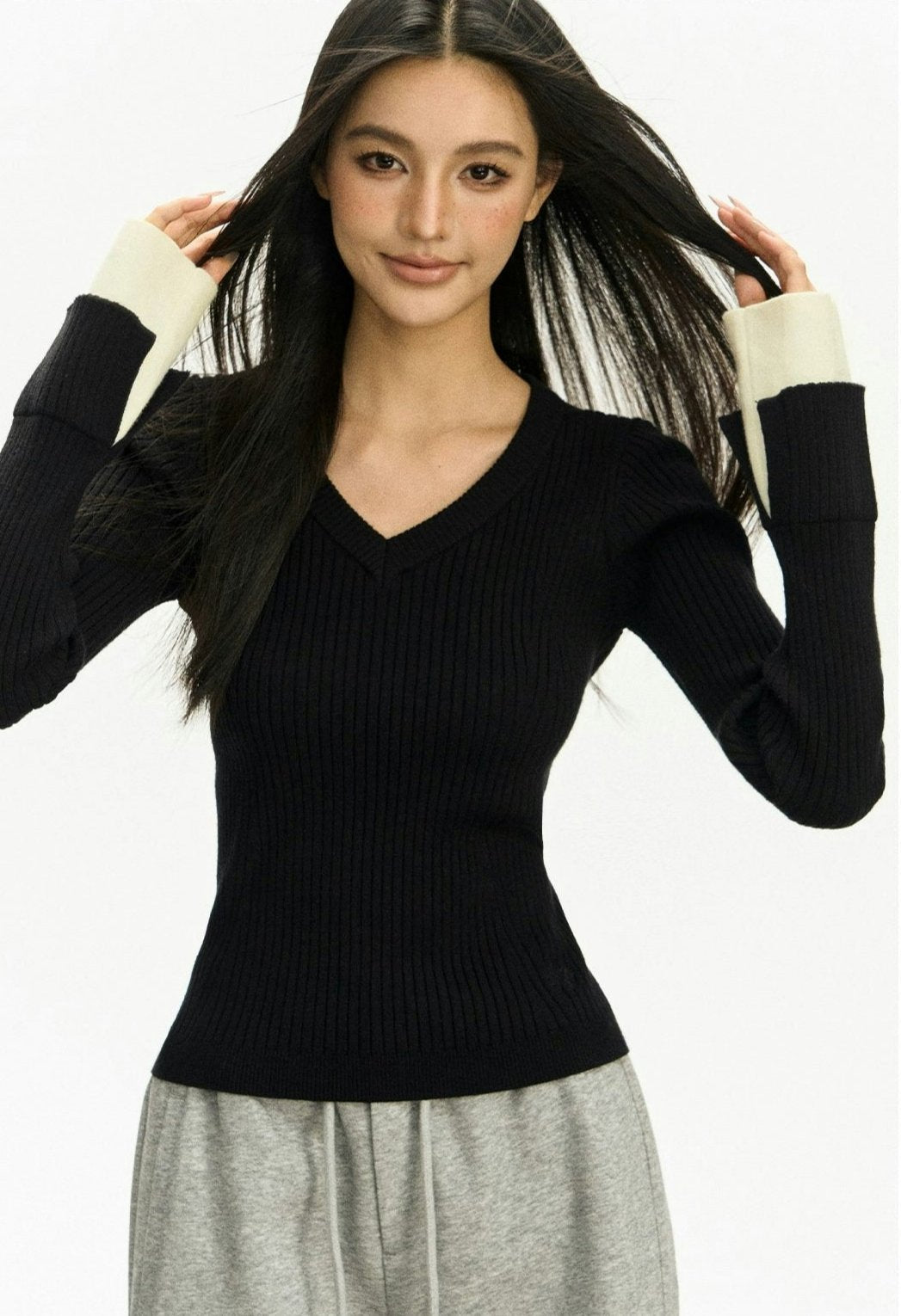 Ribbed V-Neck Two Tone Long Sleeve Knit Top