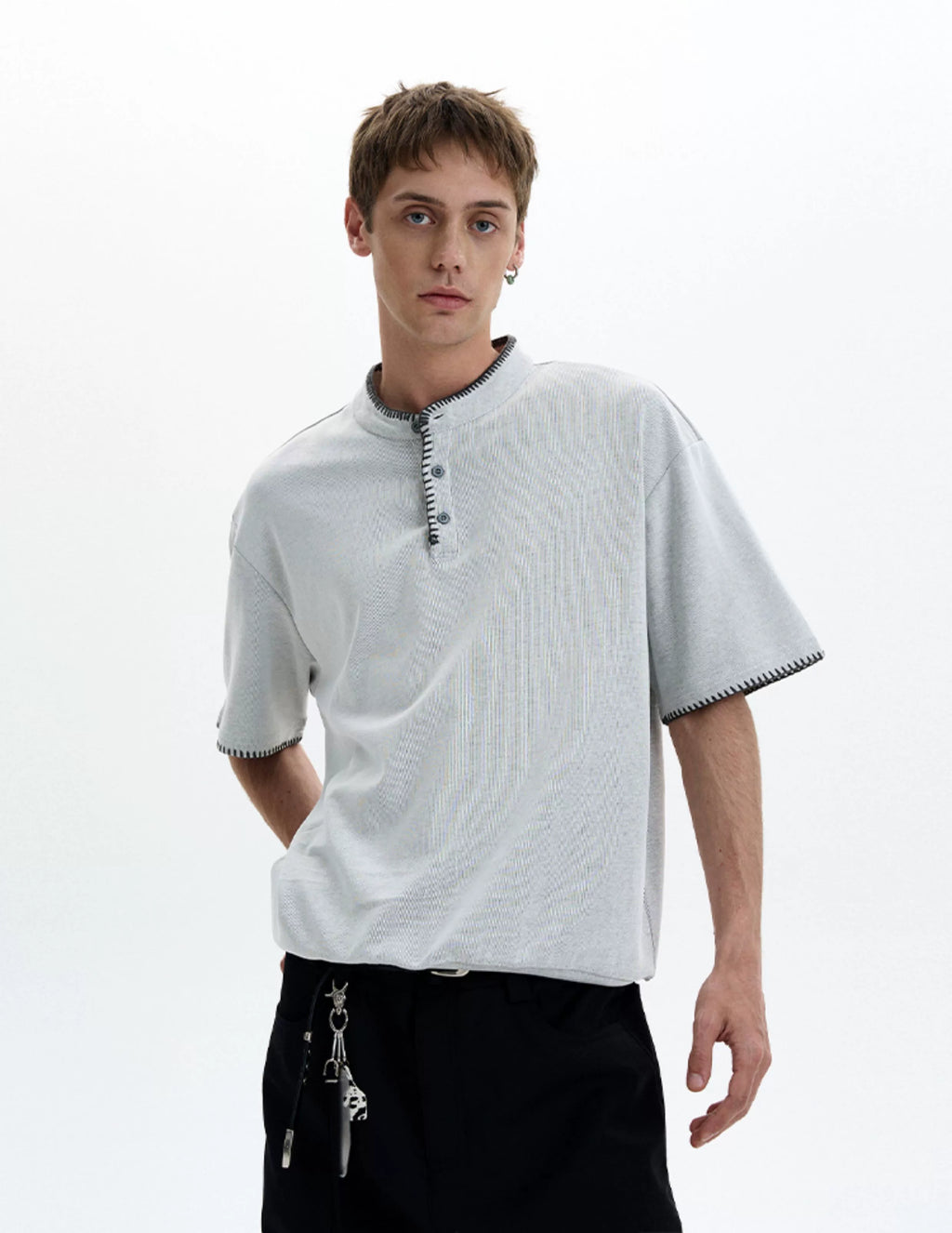 Contrast Stitch Trim Henley Neck Short Sleeve Top