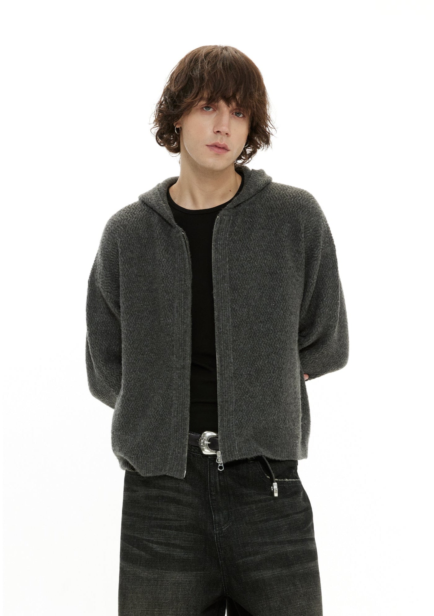 Zigzag Pattern Two Way Zip Knit Hoodie Jacket