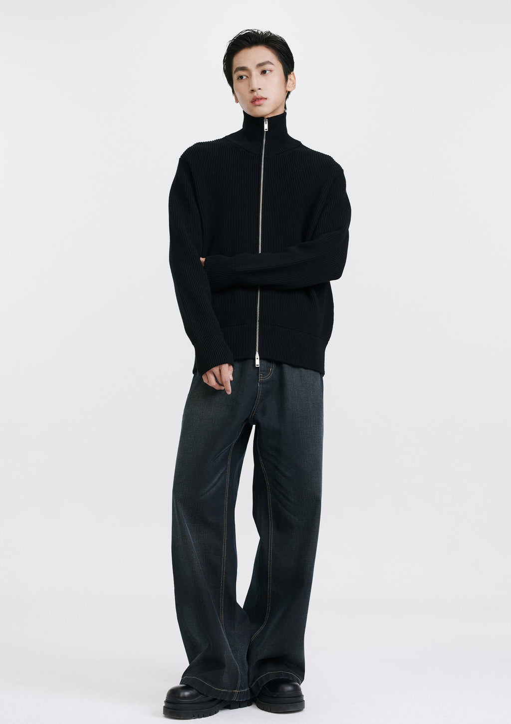 Ribbed Knit Double Zip Jacket with Stand Collar