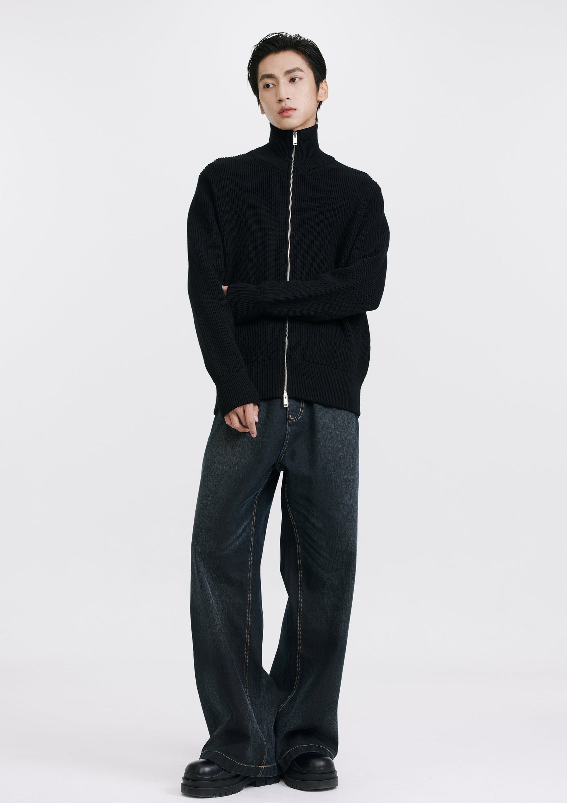 Ribbed Knit Double Zip Jacket with Stand Collar