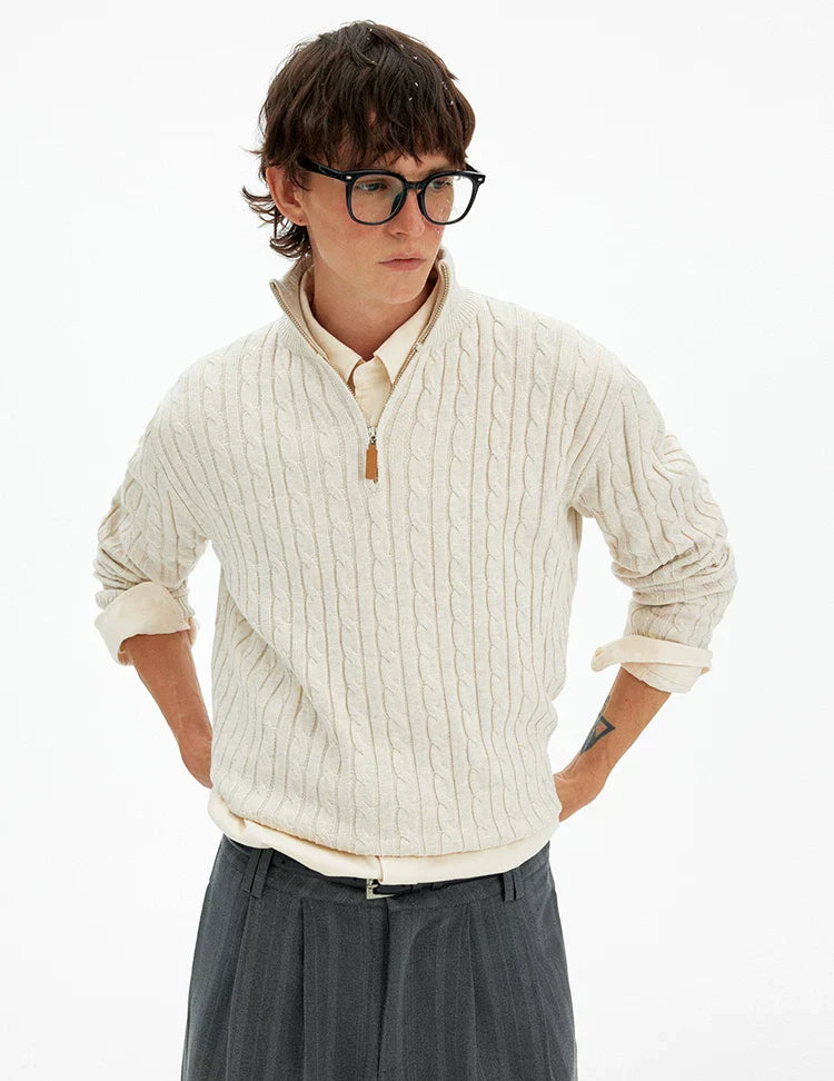 Cable Knit Quarter Zip Pullover with Contrast Zip
