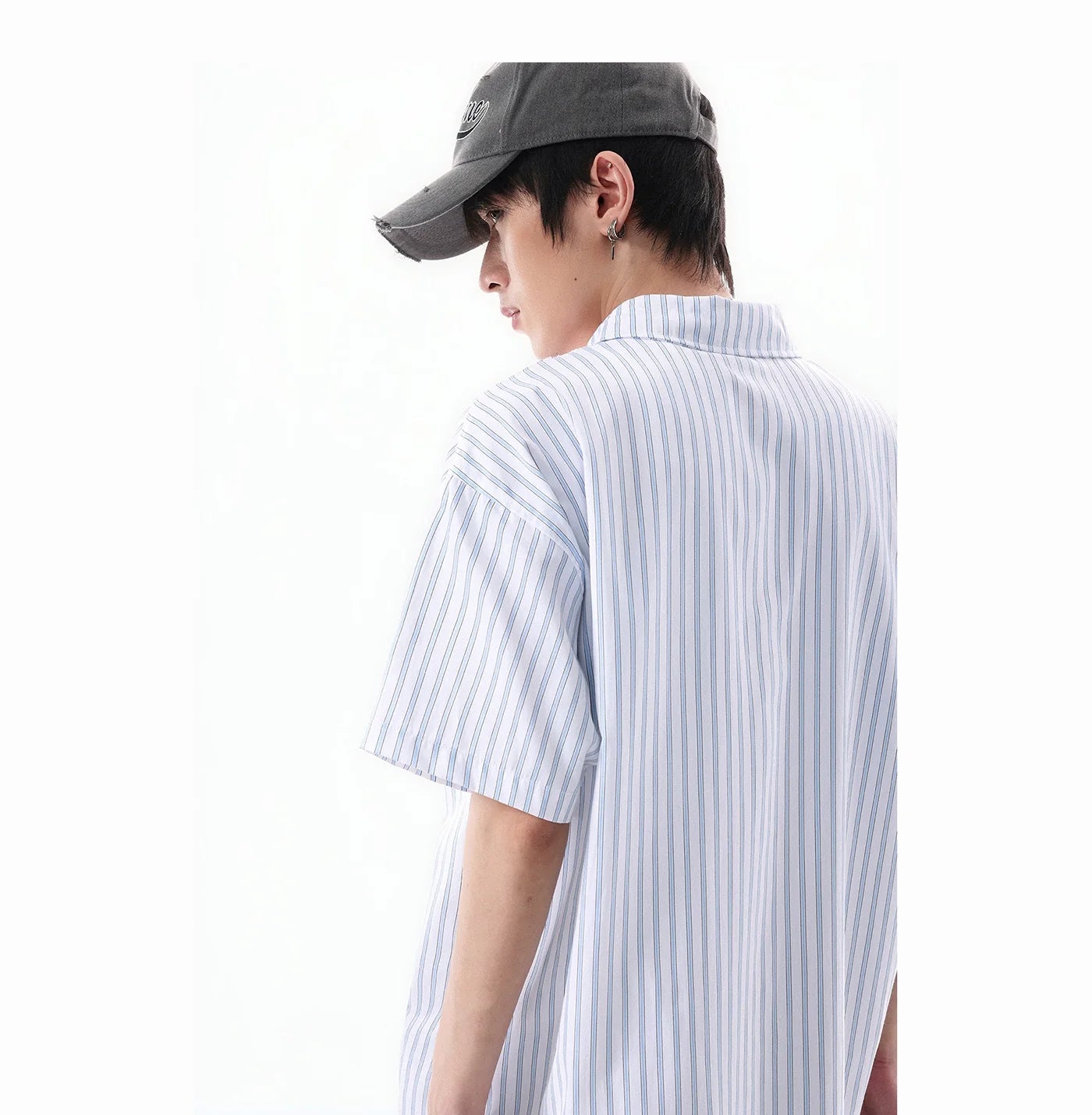 Oversized Stripe Short Sleeve Button Shirt with Chest Pockets