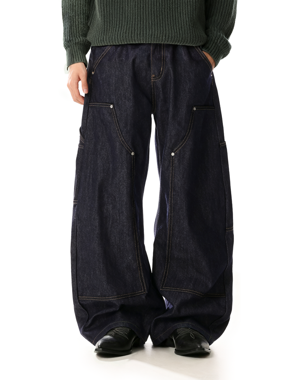 Rivet Detail Wide Leg Contrast Stitch Utility Jeans
