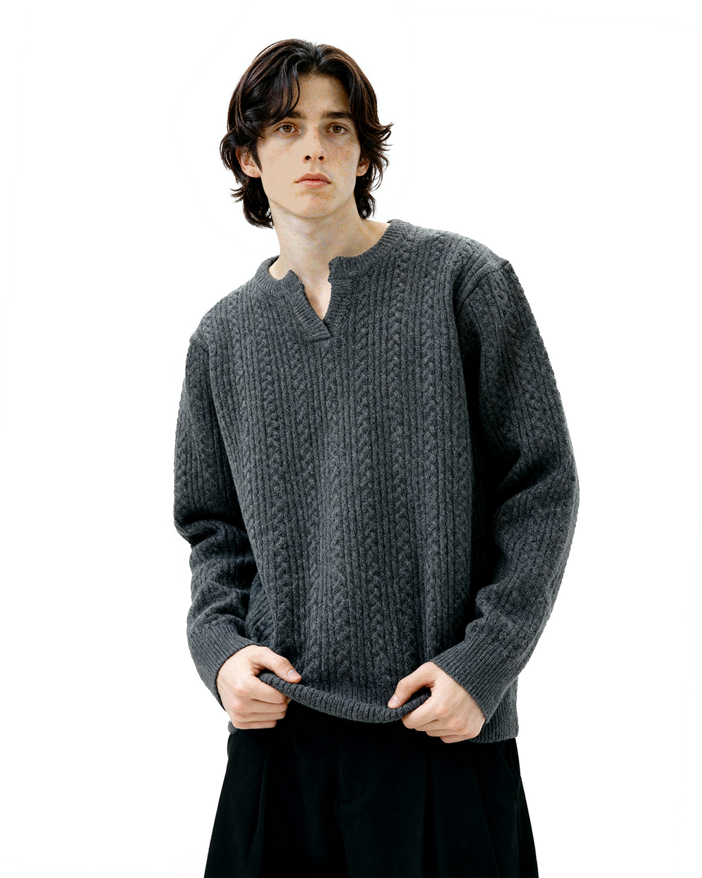 Cable Knit Notch-Neck Henley Pullover