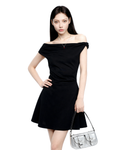 Asymmetric Off Shoulder Short Sleeve Flared Hem Mini Dress