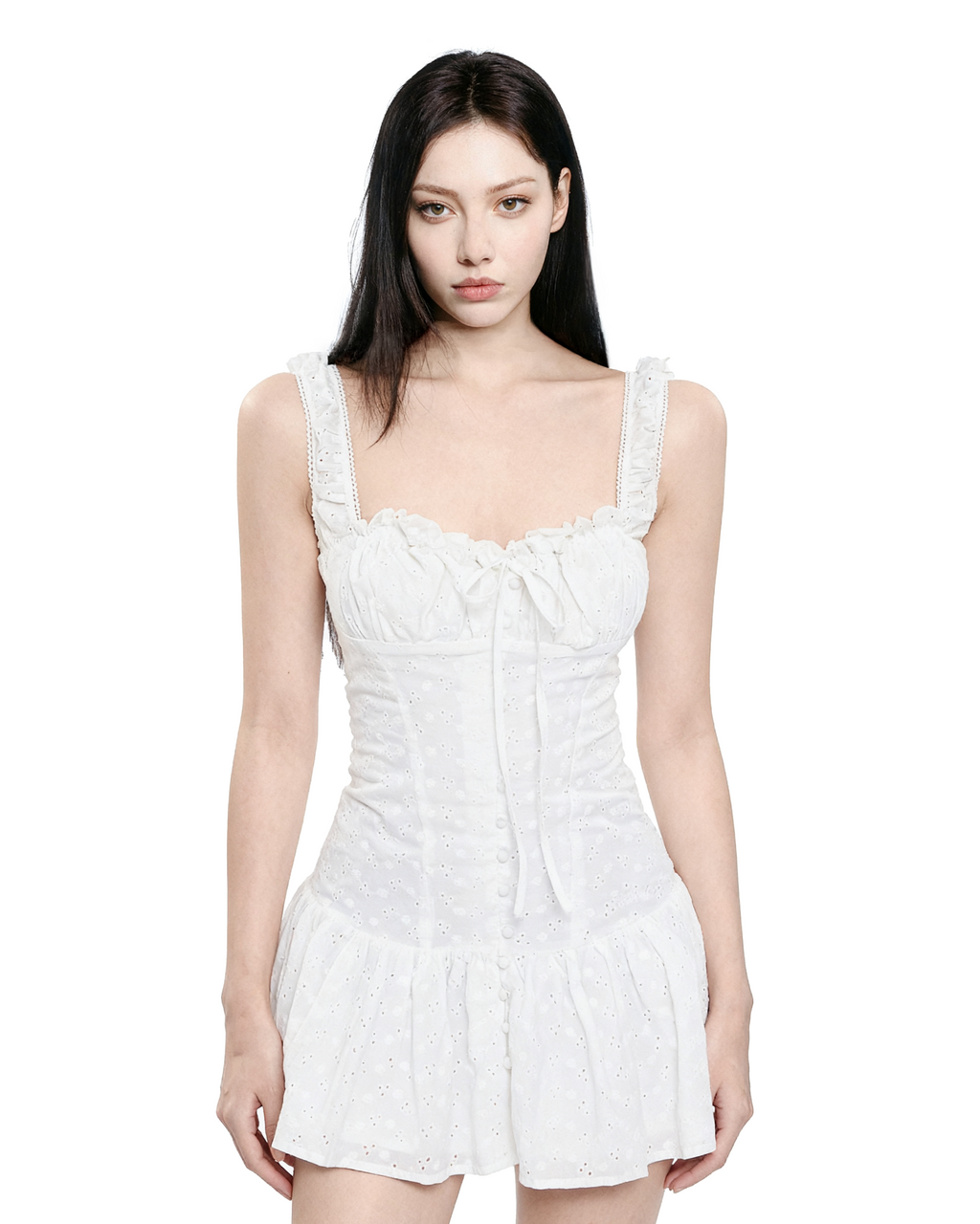 Eyelet Ruffle Strap Mini Dress with Corset Bodice