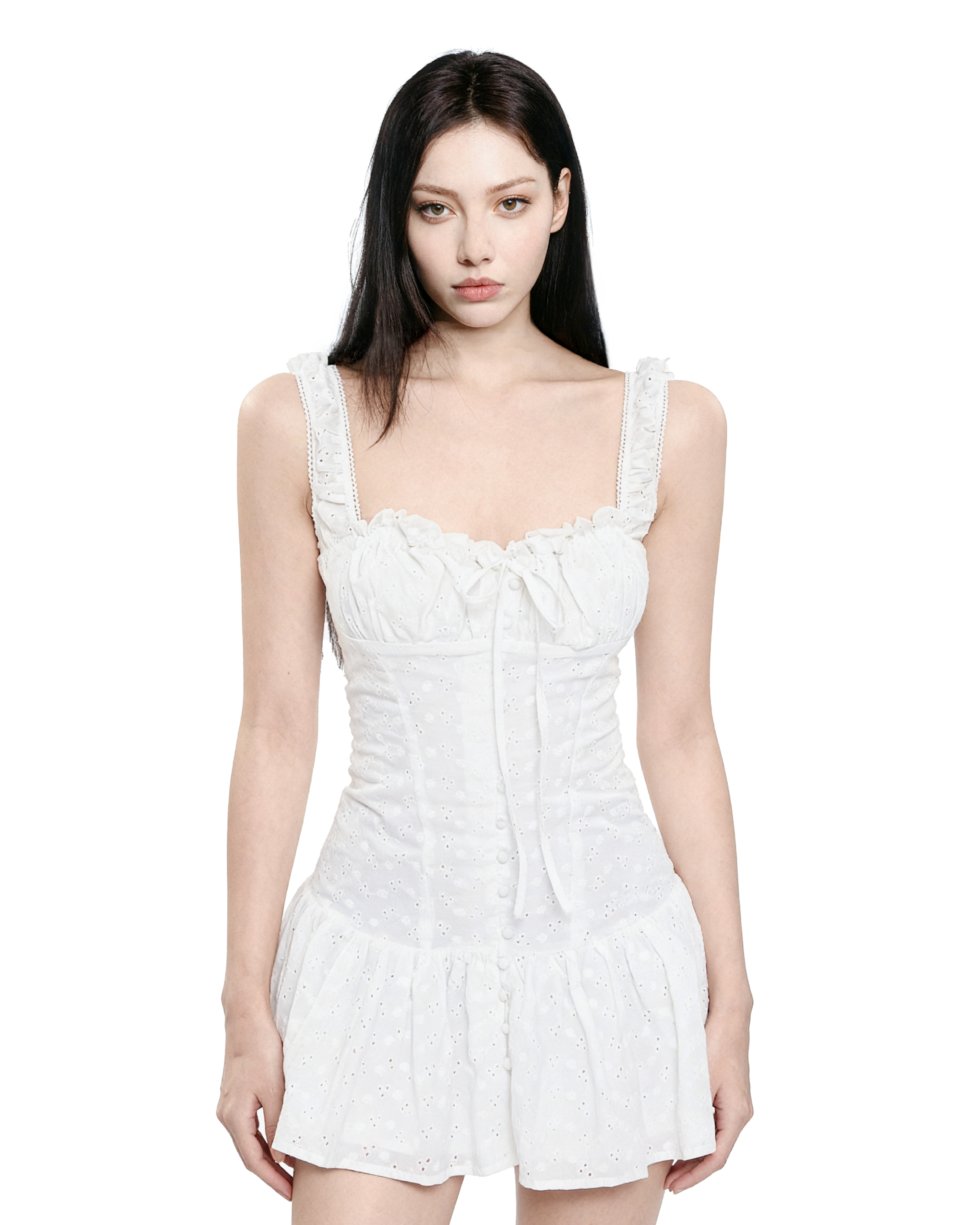 Eyelet Ruffle Strap Mini Dress with Corset Bodice
