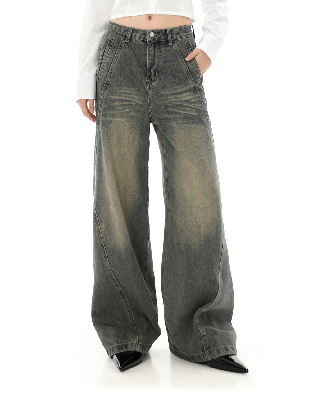 Sandblast Wide-Leg Jeans with Stitch Detail