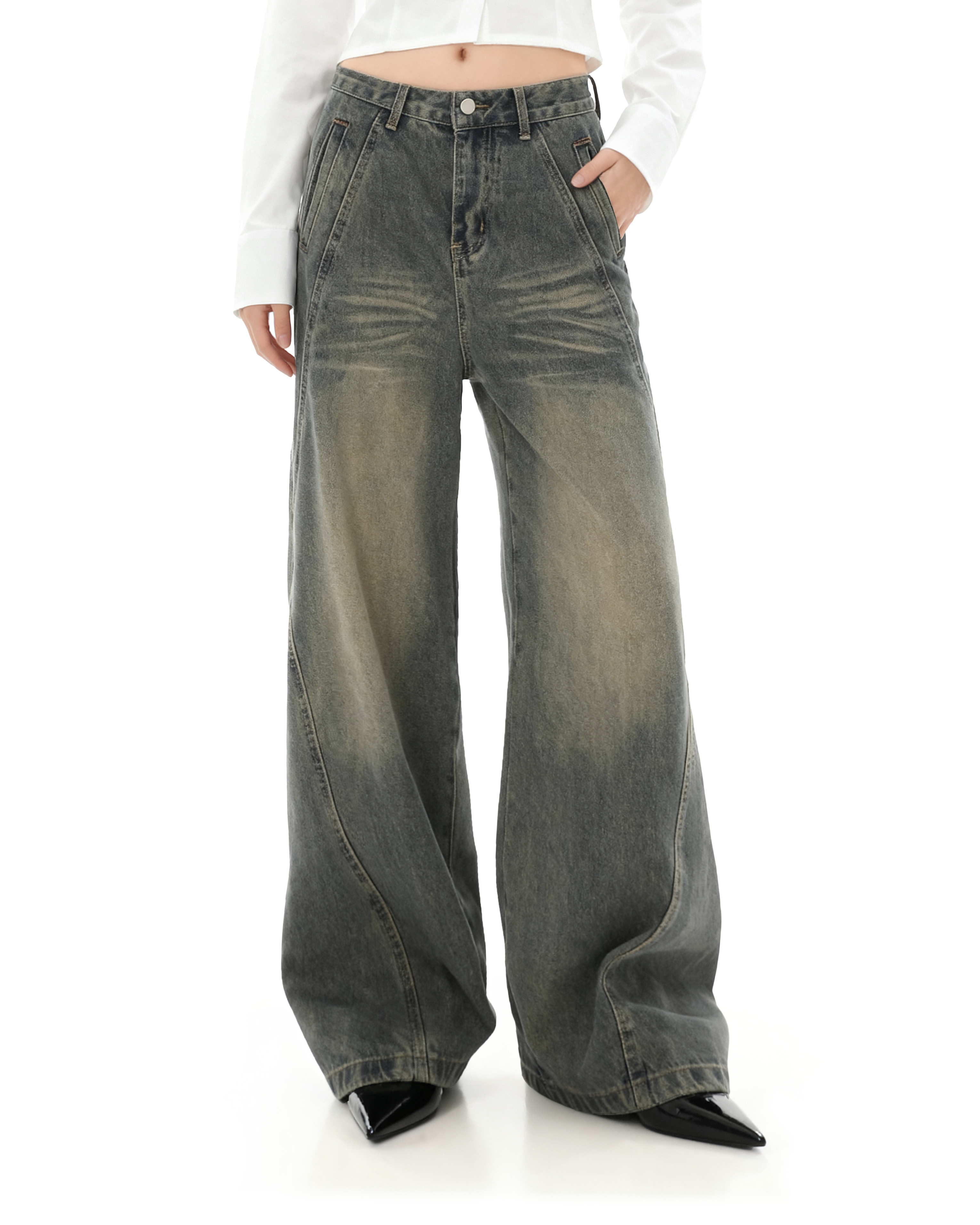 Sandblast Wide-Leg Jeans with Stitch Detail