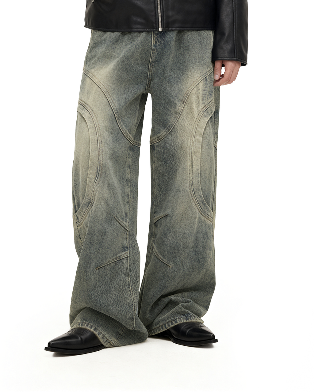Vintage Sand Wash Wide-Leg Jeans with Stitch Detail