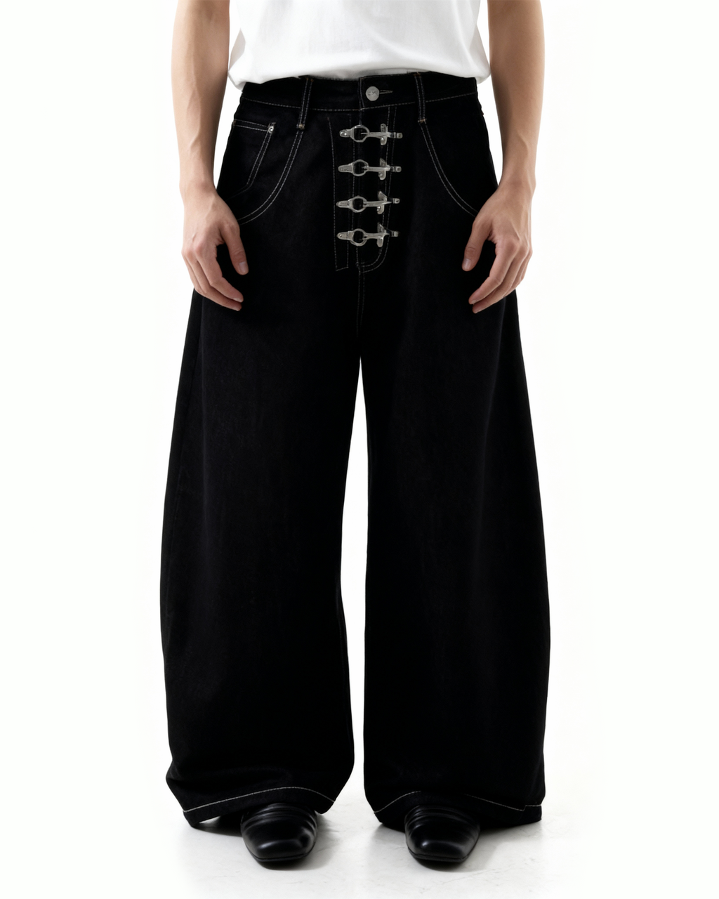 Fireman Buckle Crotch Wide Leg Jeans