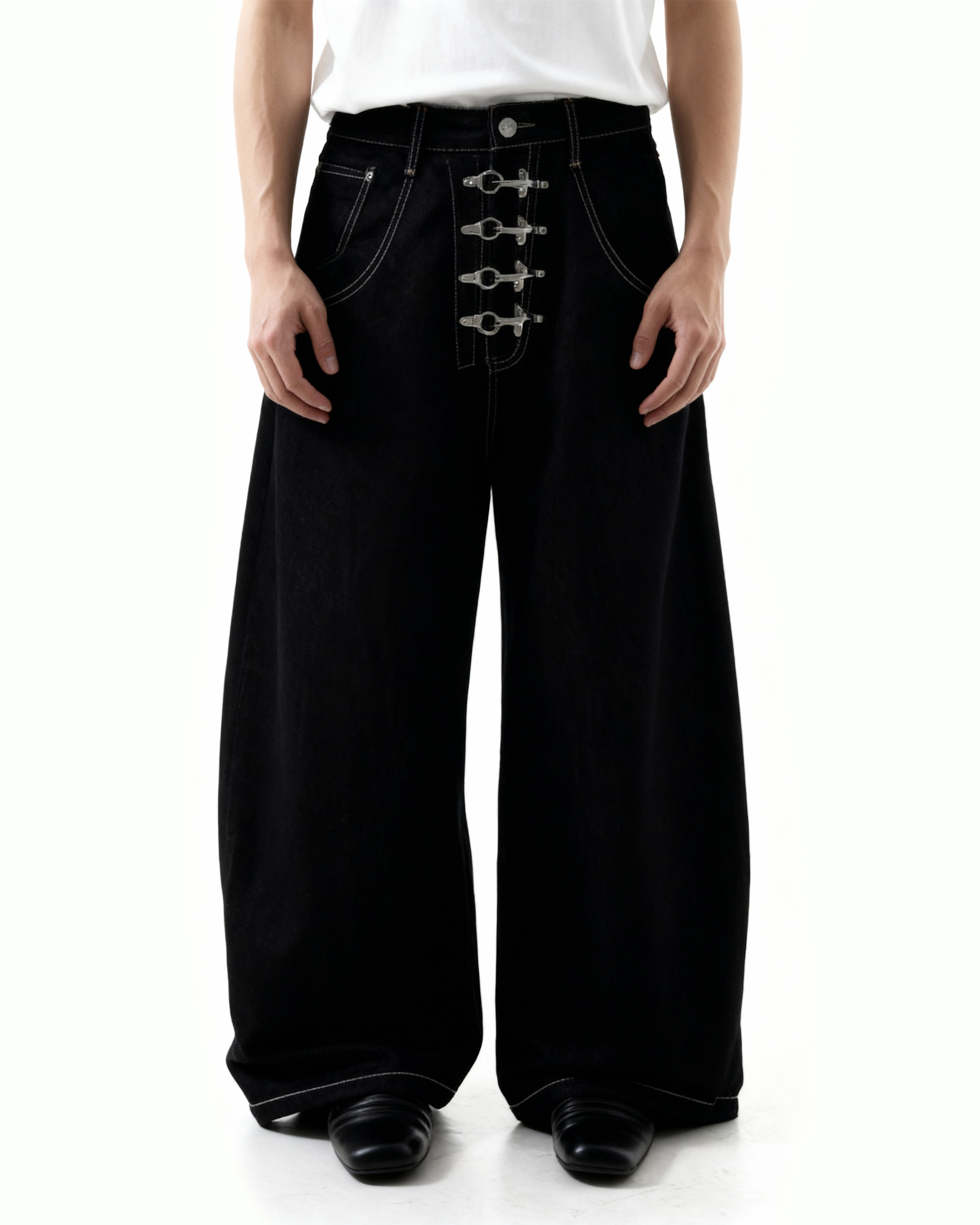 Fireman Buckle Crotch Wide Leg Jeans
