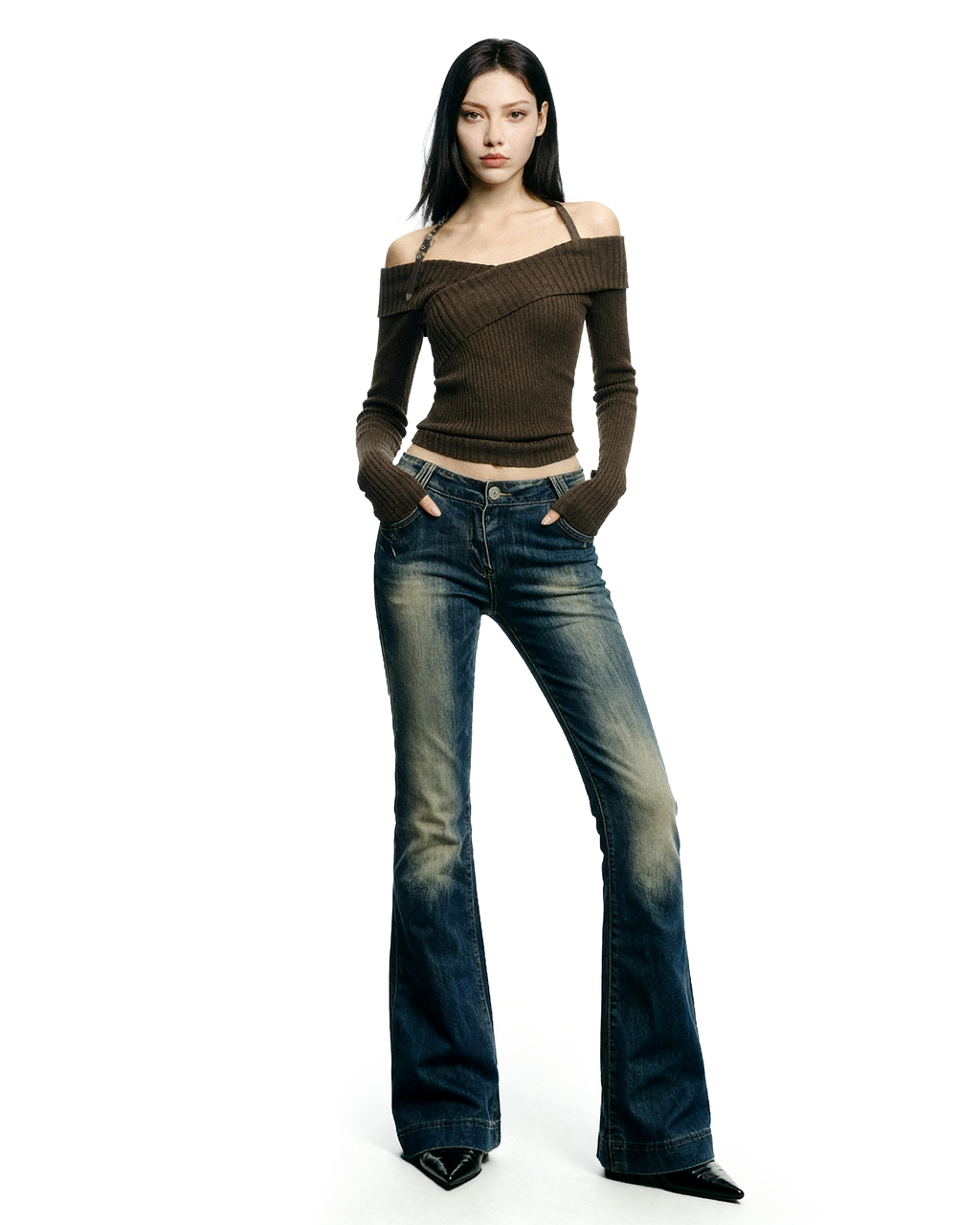 Halter Neck Ribbed Knit Long Sleeve Top