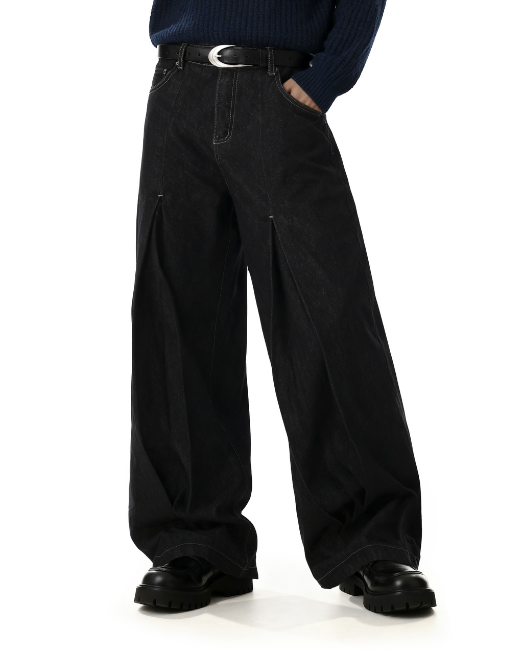 Half-Pleated Dark Wash Contrast Stitch Wide Jeans