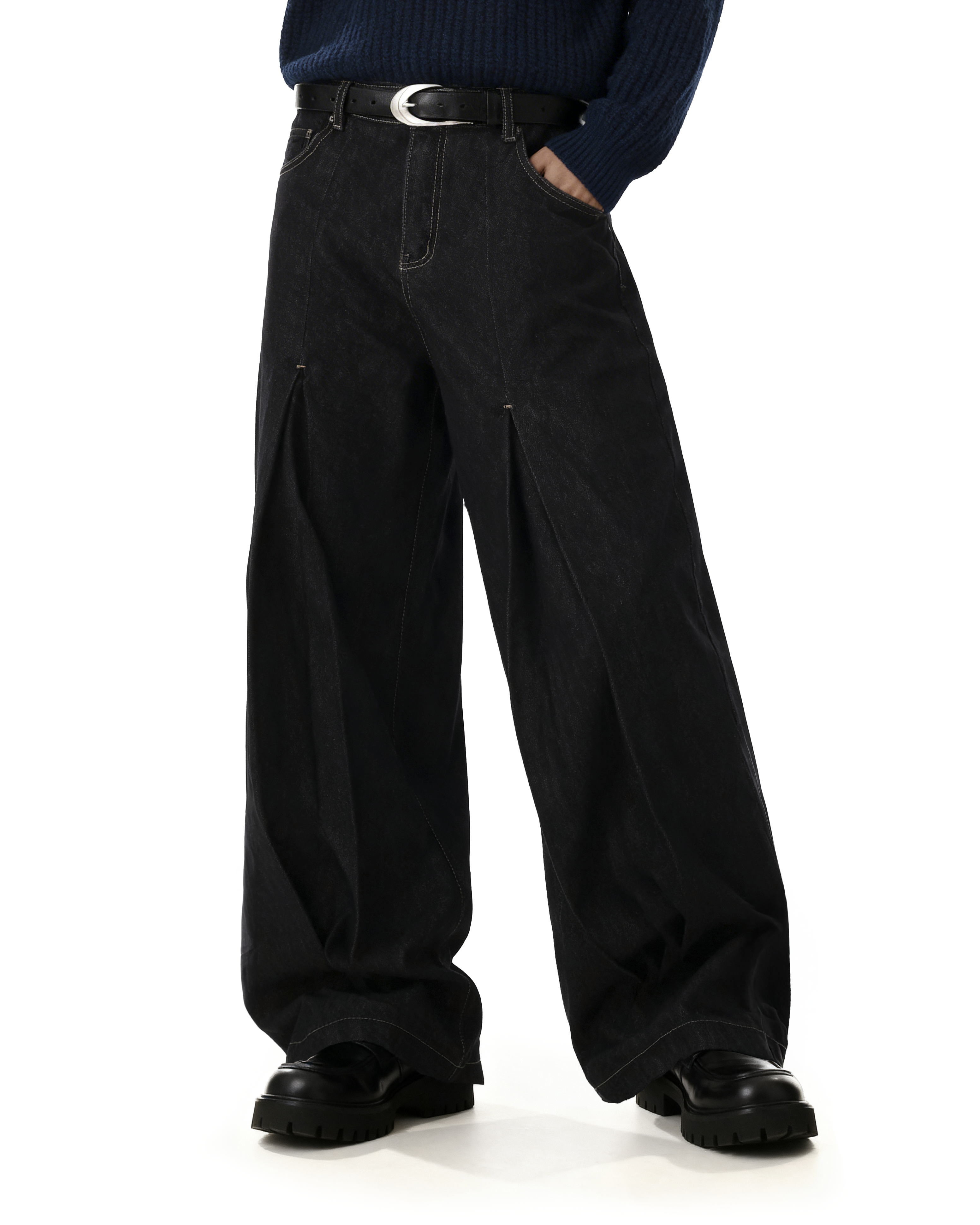 Half-Pleated Dark Wash Contrast Stitch Wide Jeans