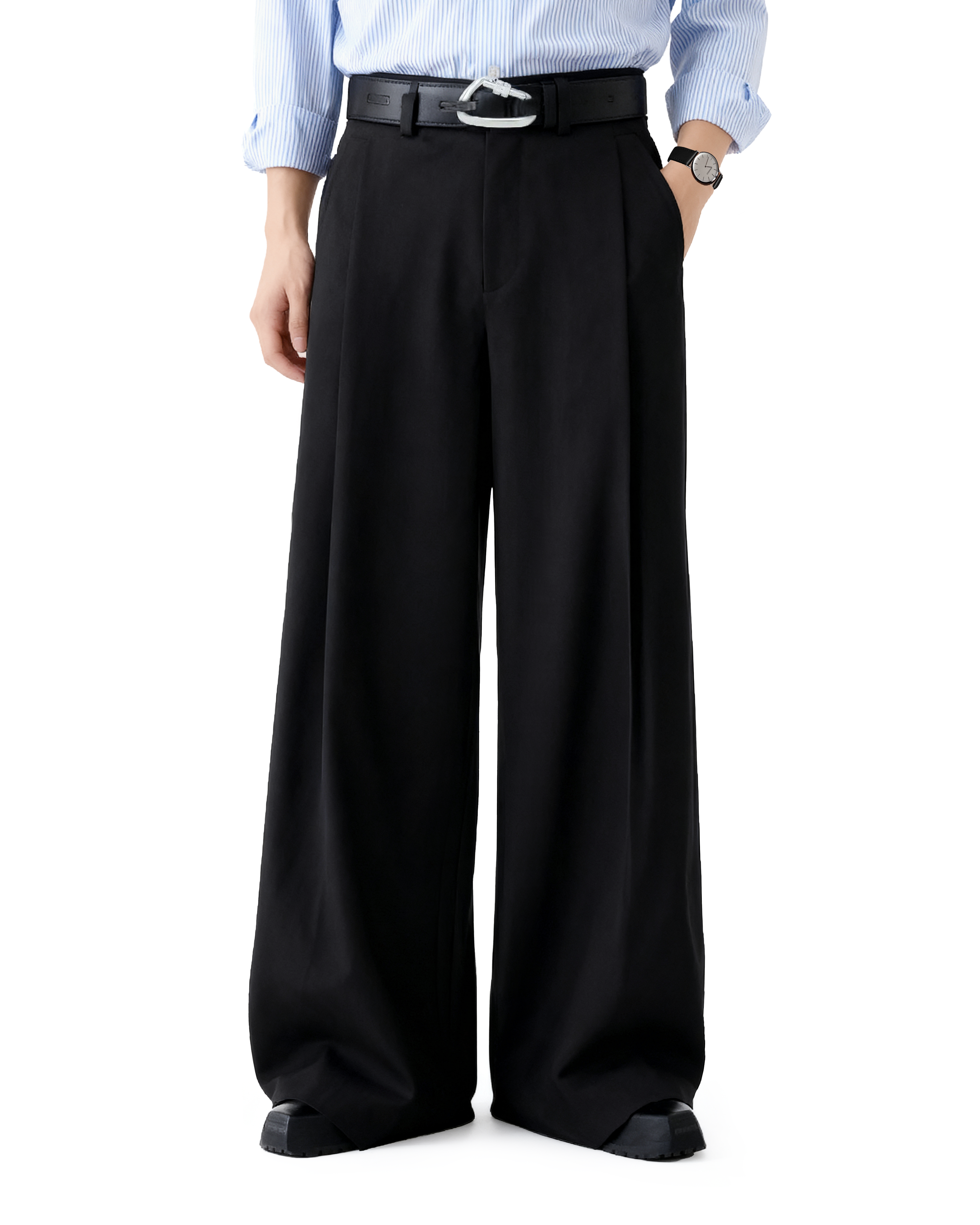 Wide Leg Tailored Trousers with Fold-Over Pleat