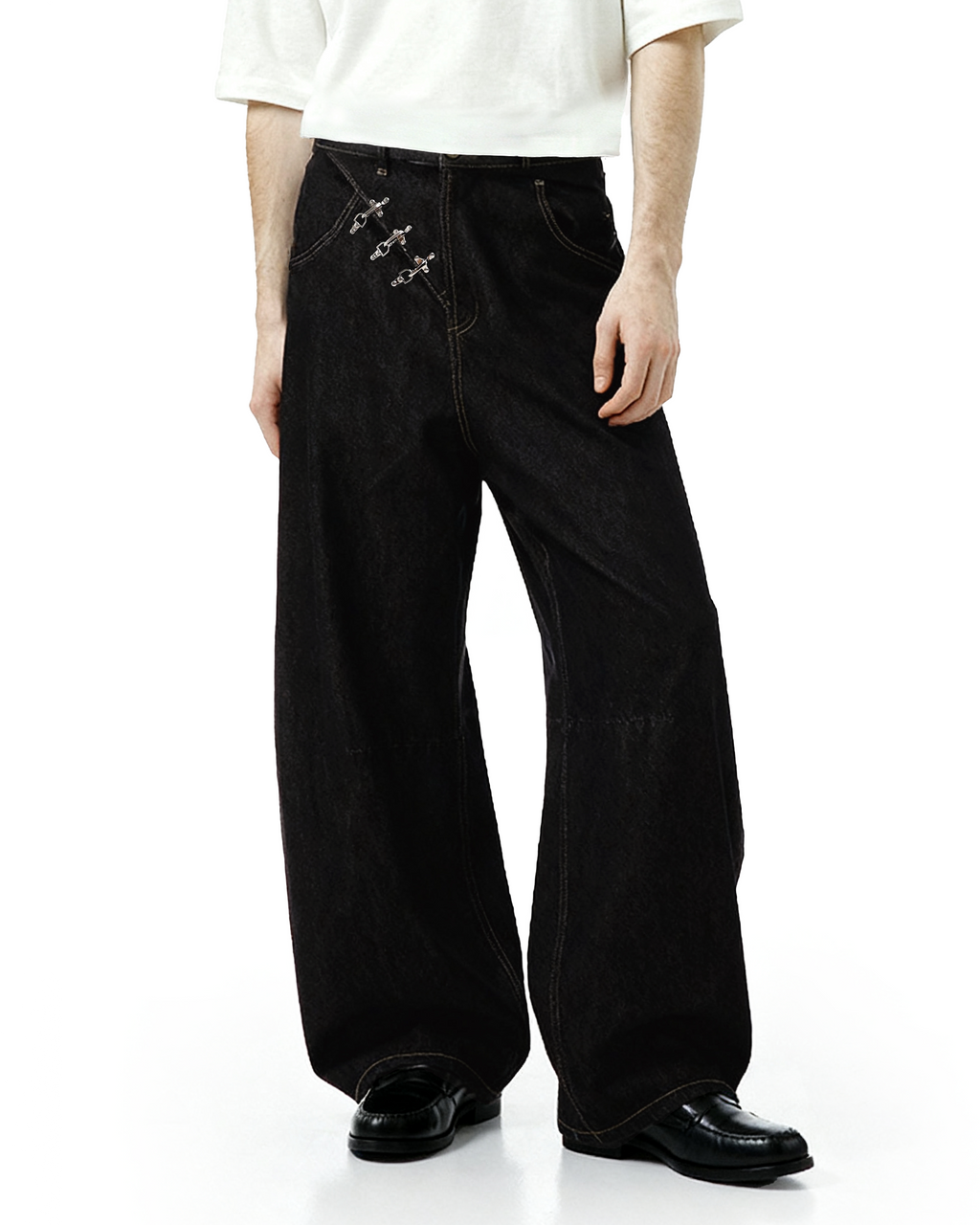 Contrast Stitch Wide Leg Jeans with Diagonal Fireman Buckles