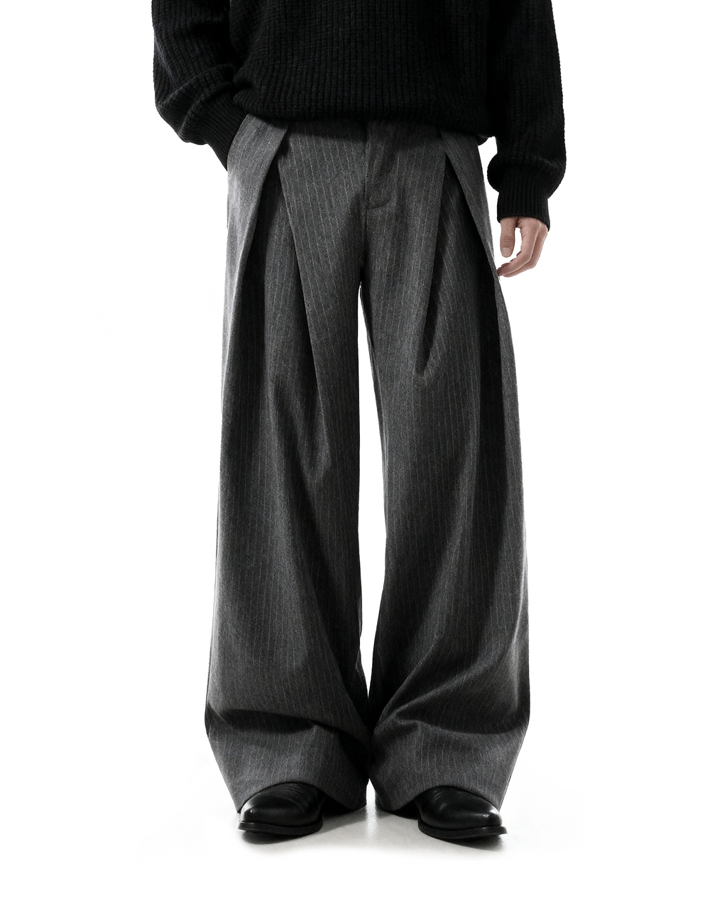 Overlap Pleated Pinstripe Wide-Leg Trousers