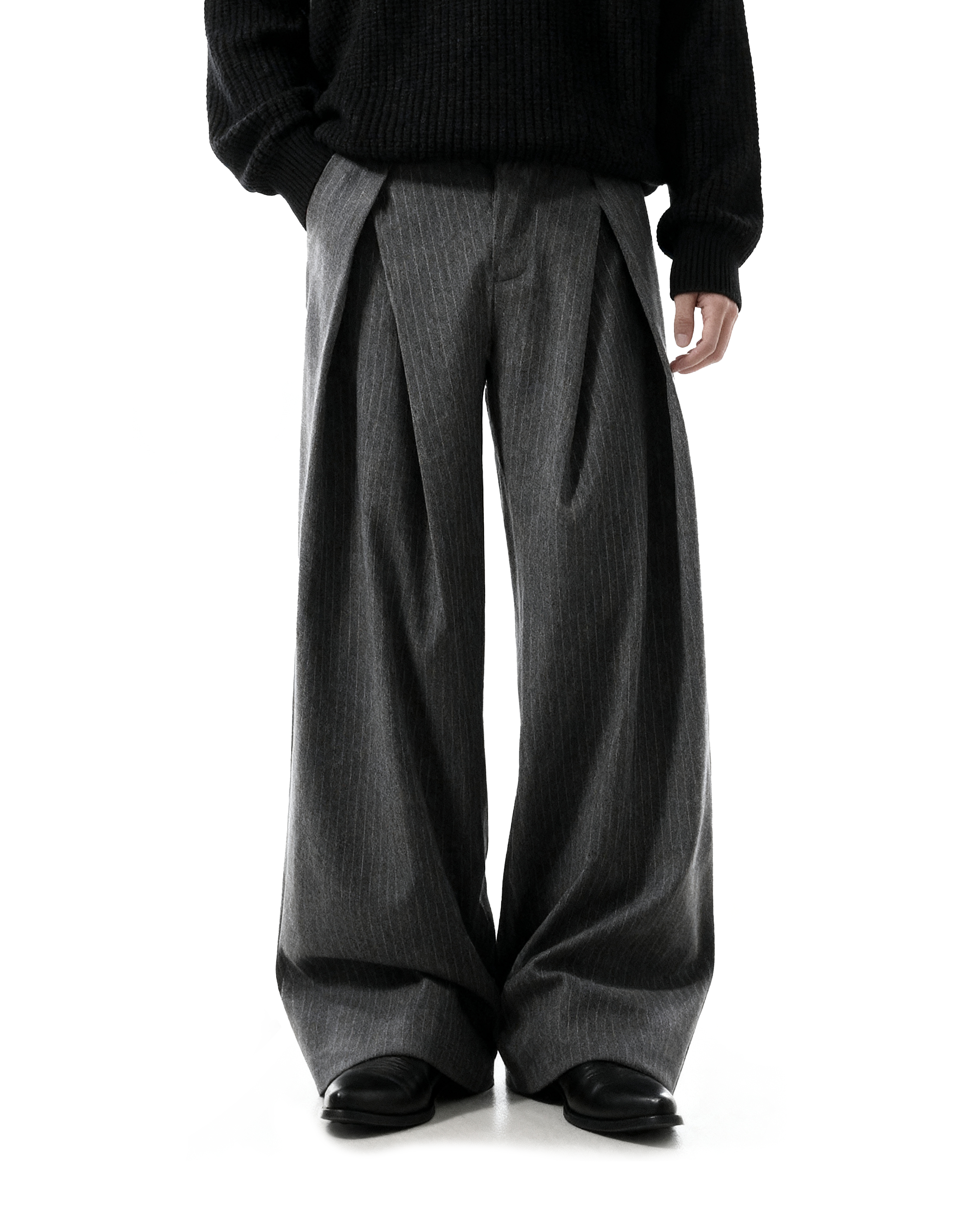 Overlap Pleated Pinstripe Wide-Leg Trousers