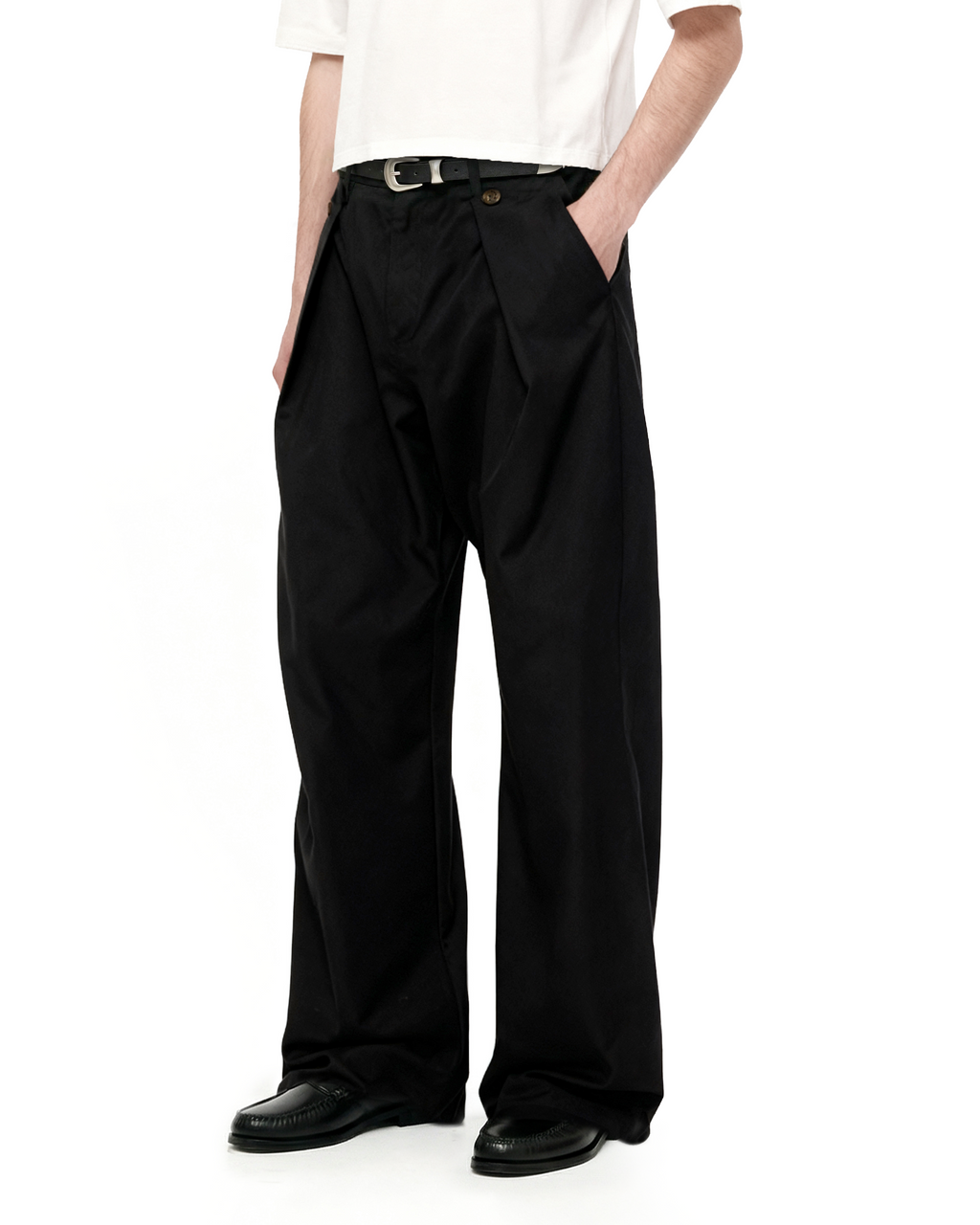 Wide Leg Pleated Pants with Side Overlay Button Panels