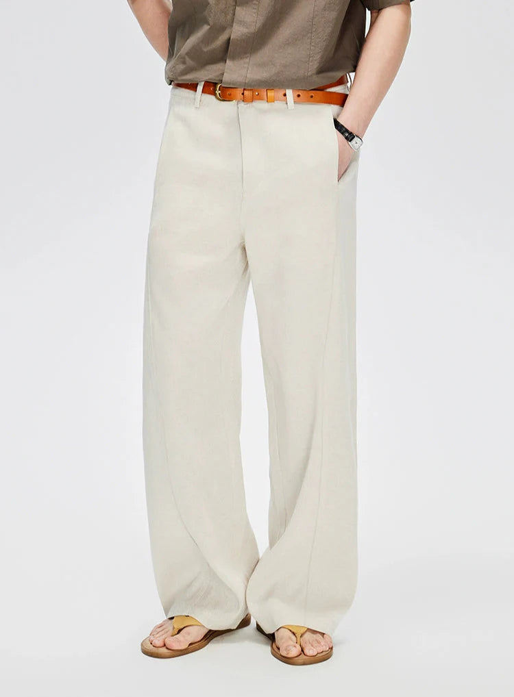 Straight Leg Linen-Blend Contrast Stitch Pants