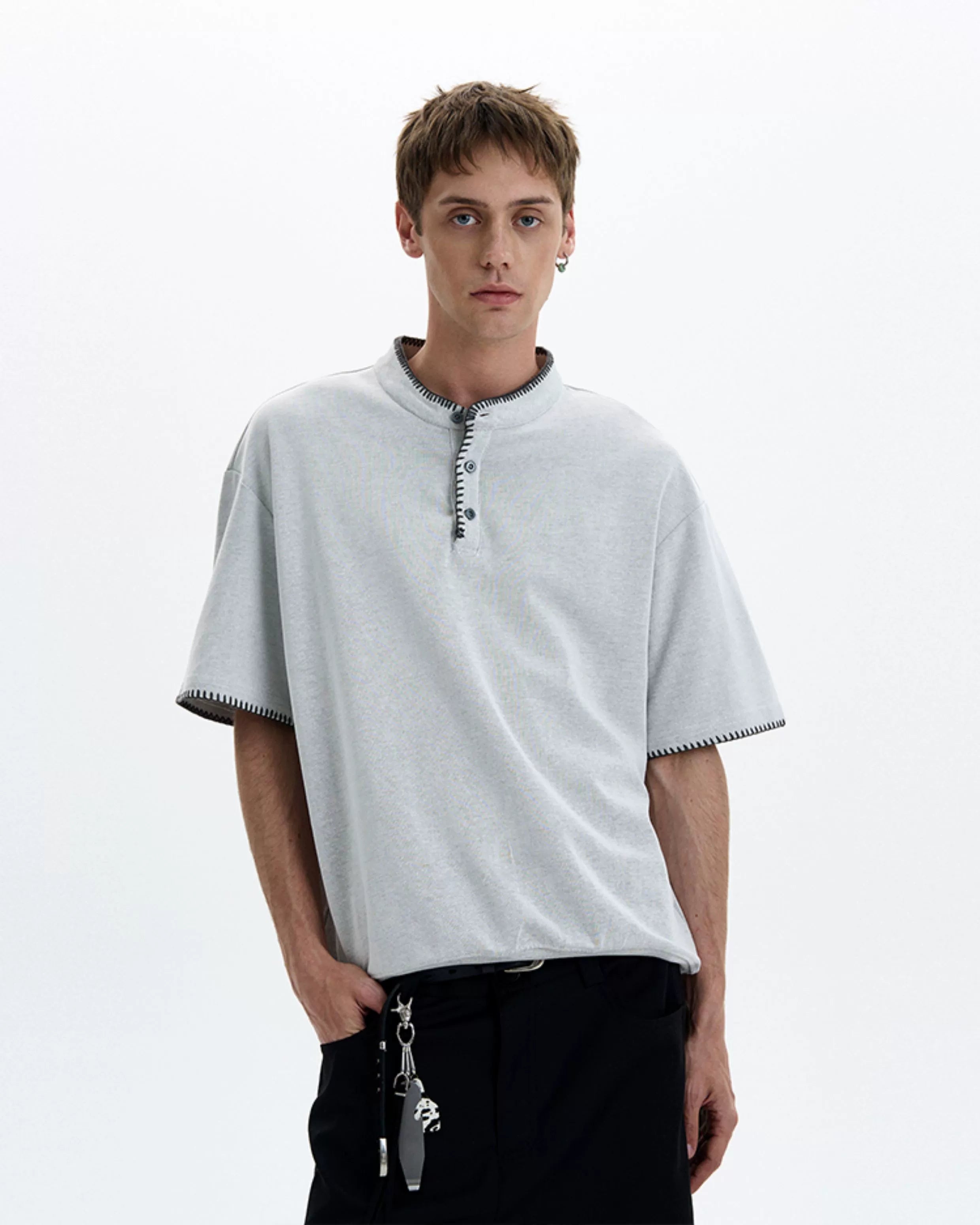 Contrast Stitch Trim Henley Neck Short Sleeve Top