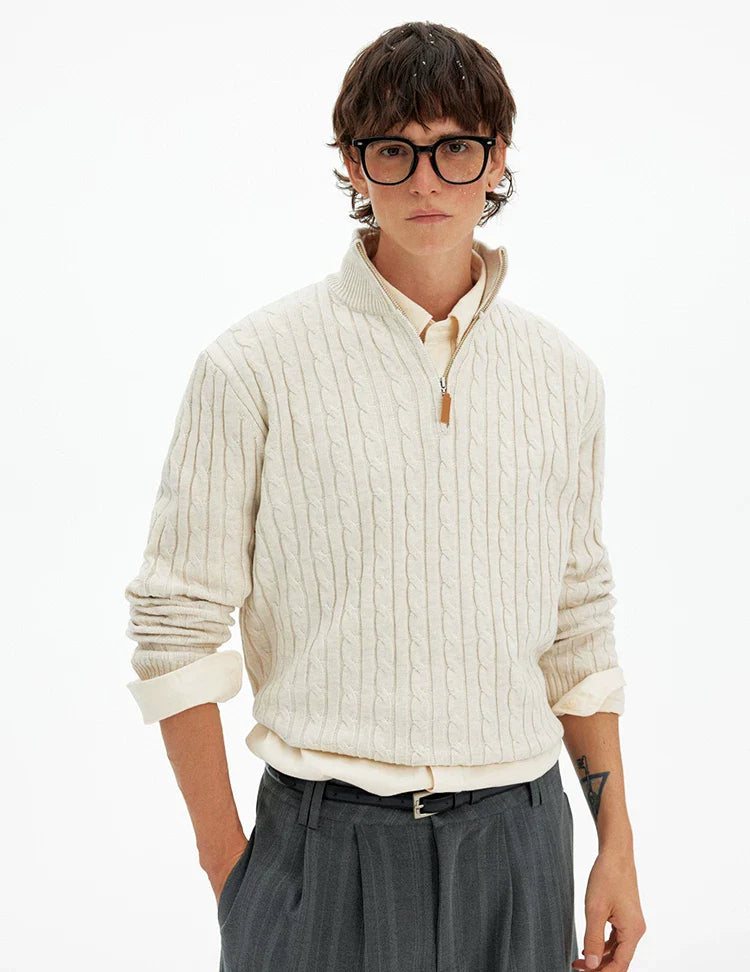 Cable Knit Quarter Zip Pullover with Contrast Zip