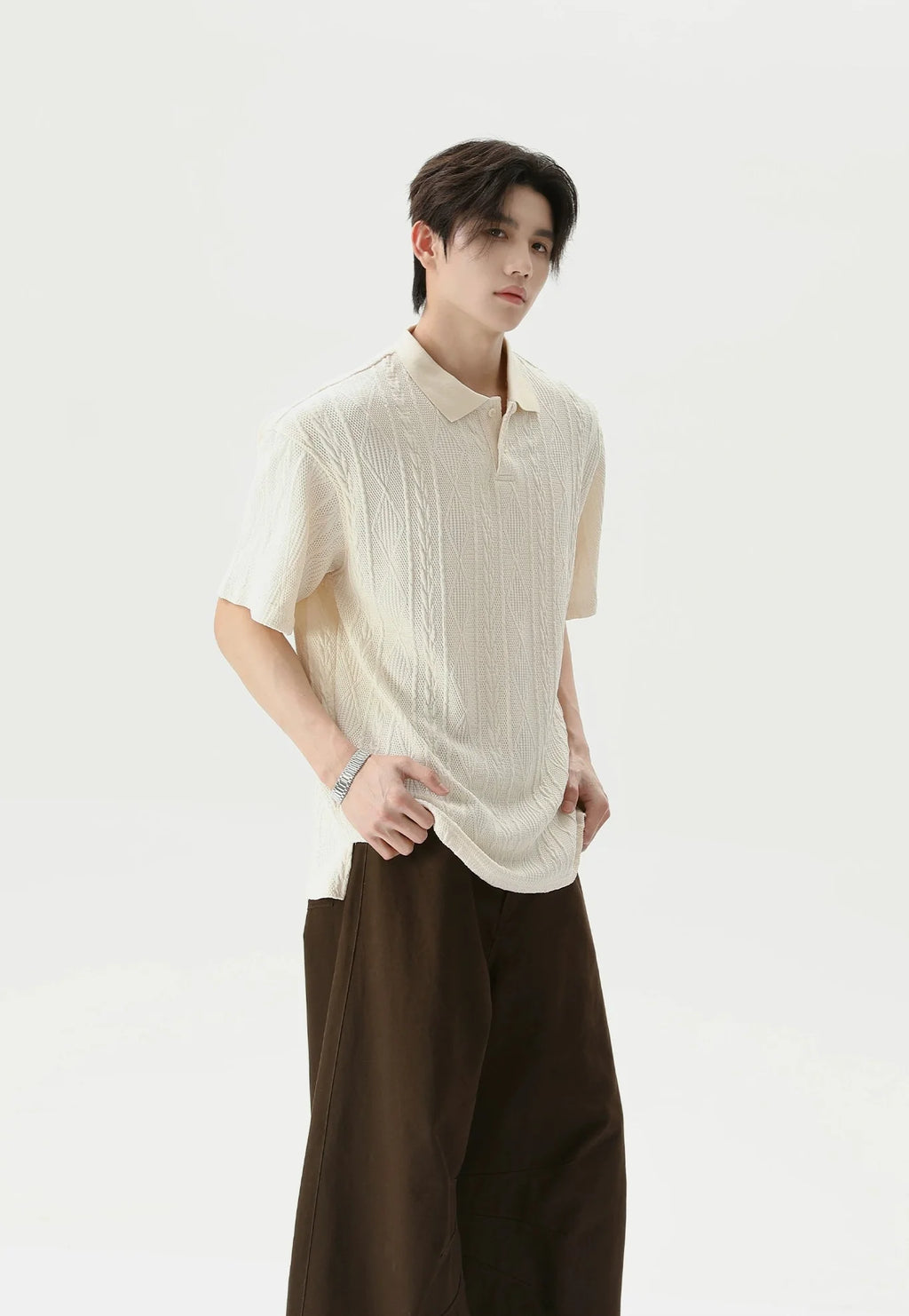 Textured Cable Knit Short Sleeve Polo Shirt