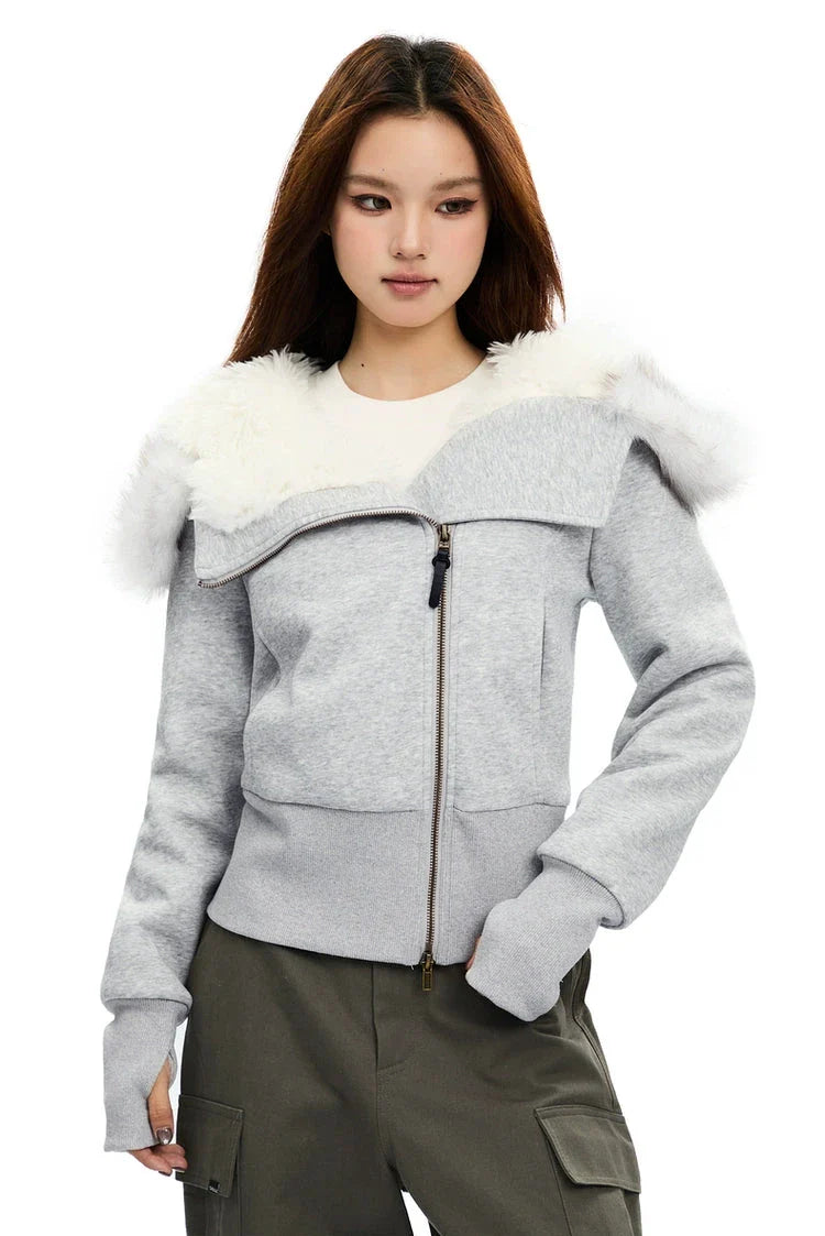 Fleece-Lined Hooded Jacket with Faux Fur Trim