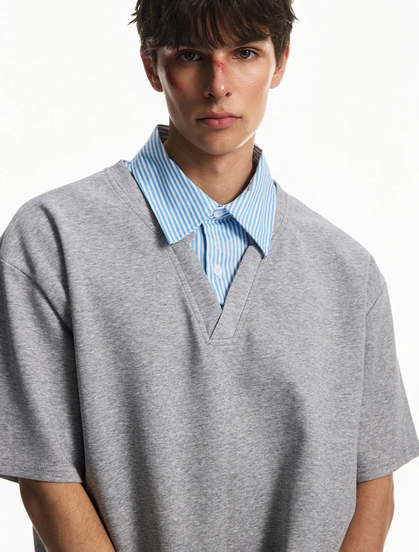 Mock Layered Contrast Collar Short Sleeve Shirt
