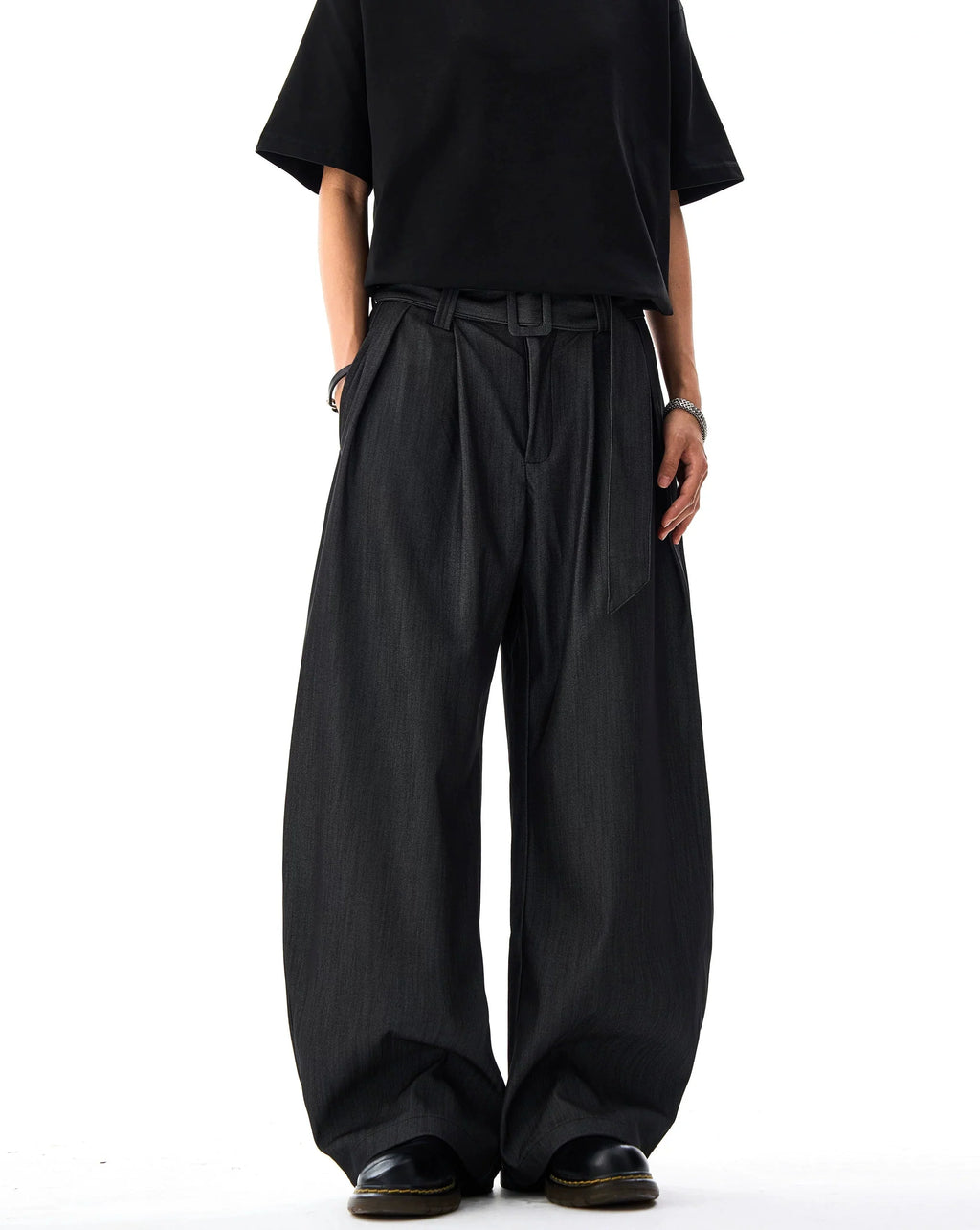 Wide Leg Pleated Belted Trousers with Subtle Sheen