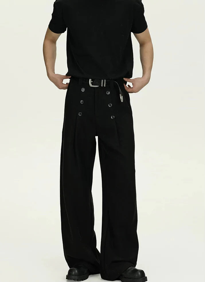 High-Waisted Pleated Wide Leg Trousers with Button Details