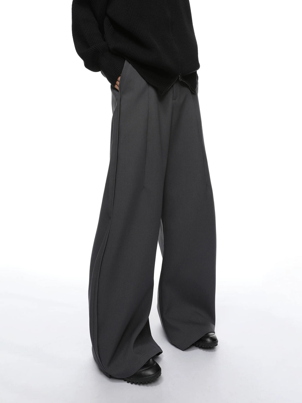 Wide Semi-Flare Barrel Leg Pleated Trousers