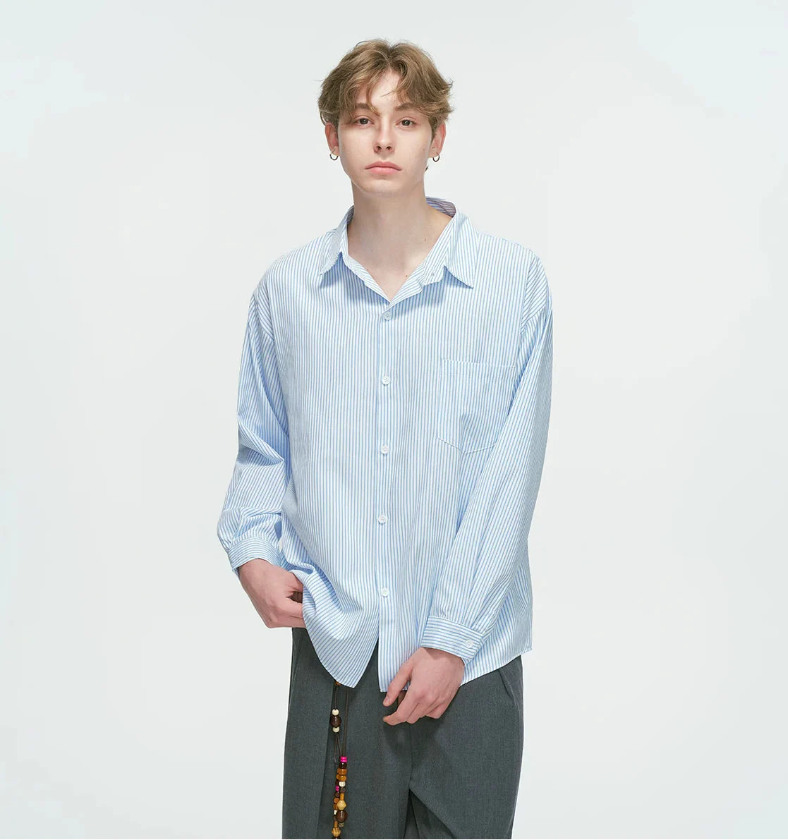 Drop Shoulder Pinstripe Long Sleeve Button-Up Shirt