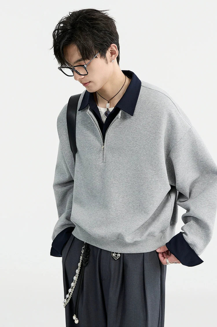 Half Zip Mock Two-Piece Layered Pullover Sweatshirt