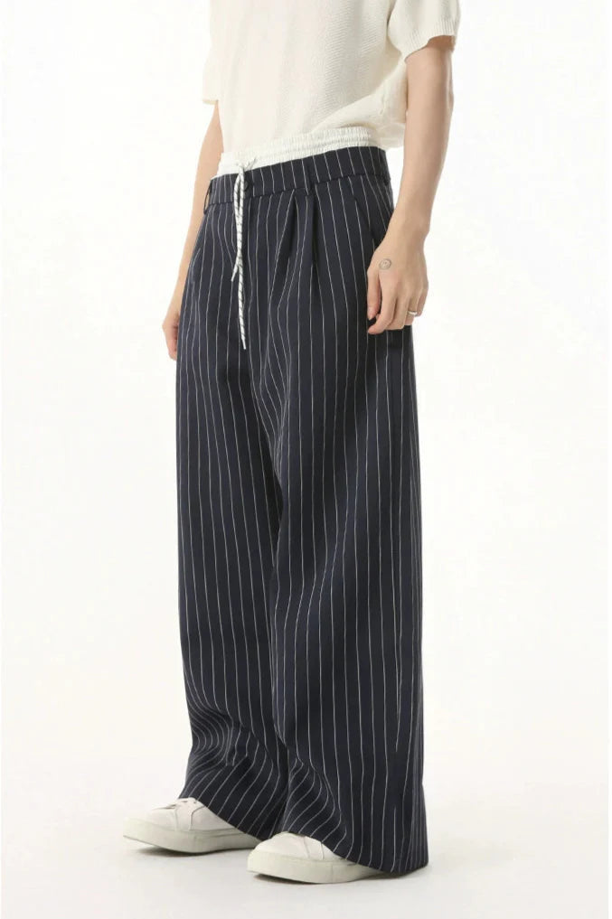 Mock Two-Piece Pinstripe Wide Leg Trousers with Elastic Waist