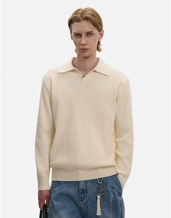 Waffle Textured Long Sleeve Polo Shirt
