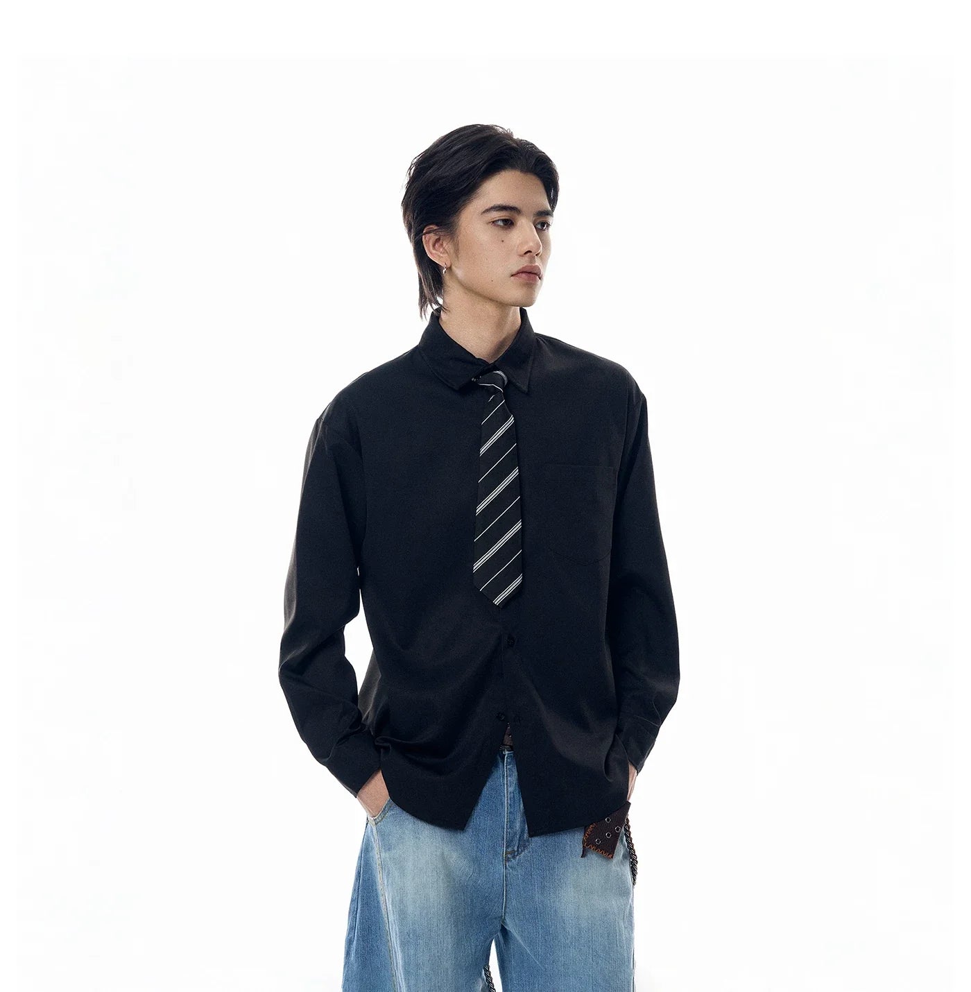 Boxy Long Sleeve Button-Up Shirt with Detachable Tie